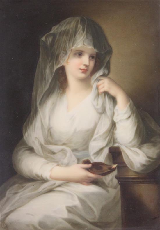 A German porcelain plaque of a Vestal Virgin, late 19th century, after the original painting by Angelica Kauffman, 17.5 x 12.5 cm, gilt